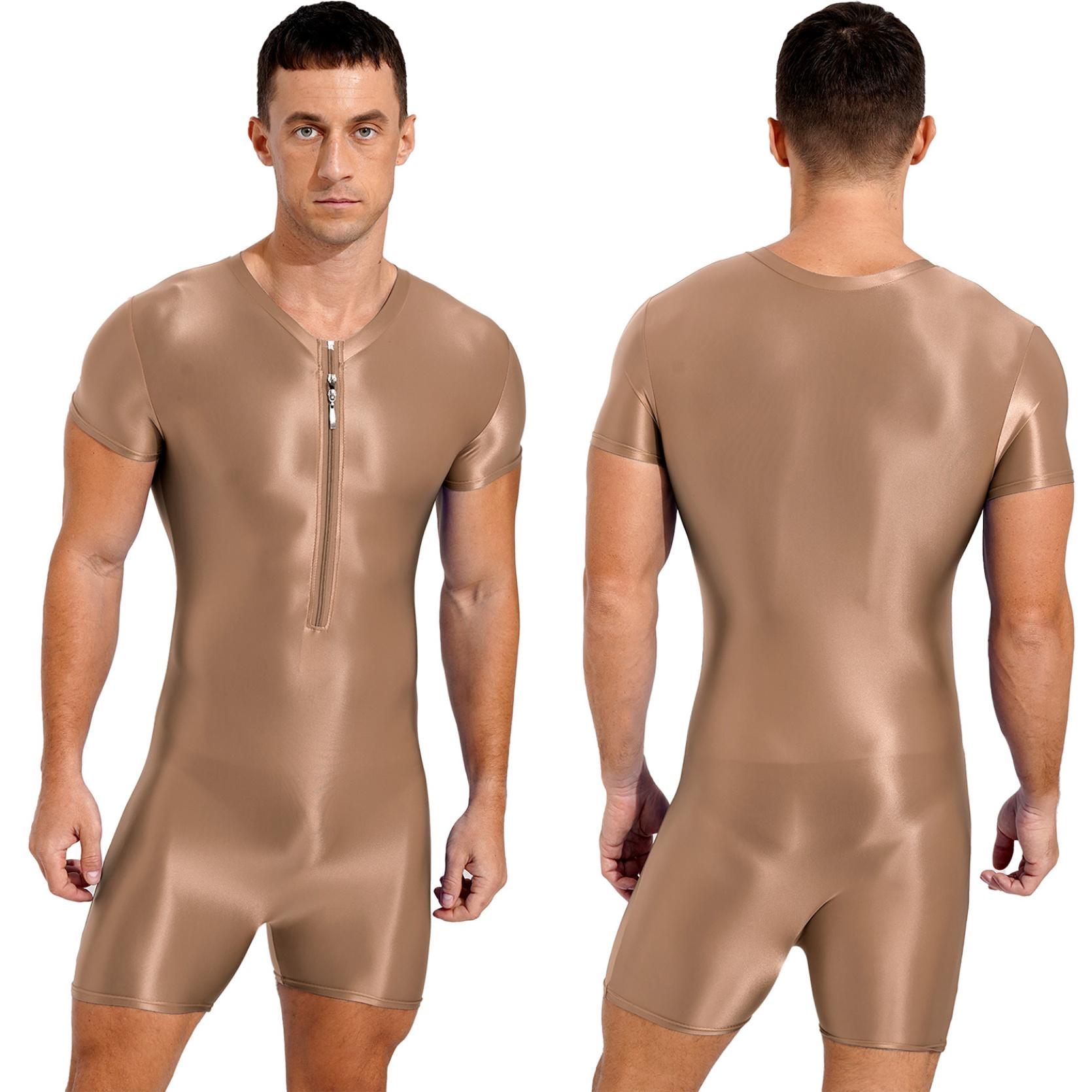 

Мужской цельный купальник с коротким рукавом, комбинезон на молнии, глянцевый эластичный спортивный костюм для фитнеса с круглым вырезом M кофейный