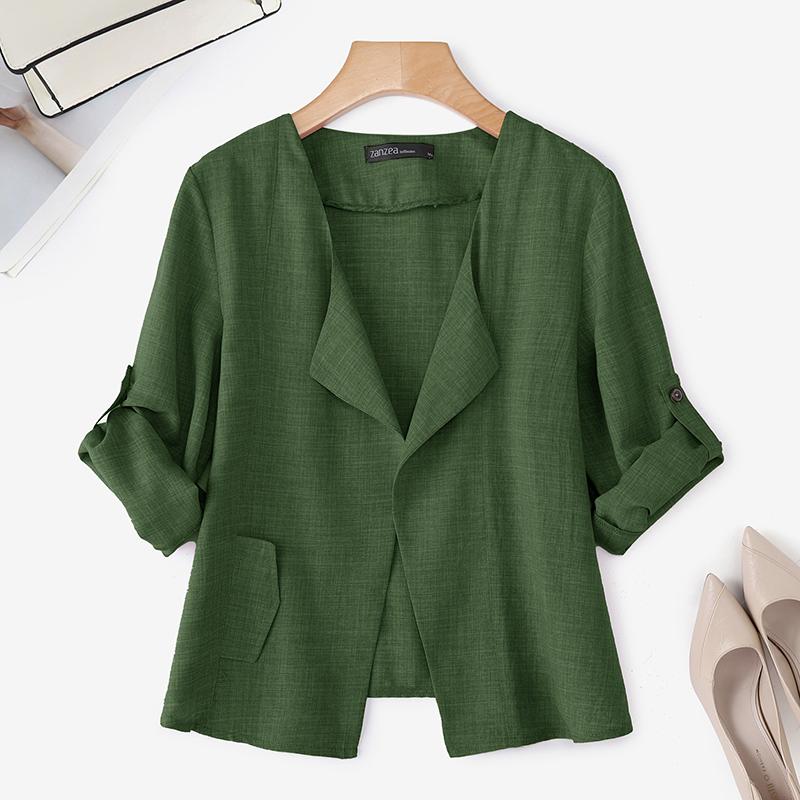 

ZANZEA Женский повседневный однотонный свободный тонкий кардиган-блузка с длинным рукавом зелёный