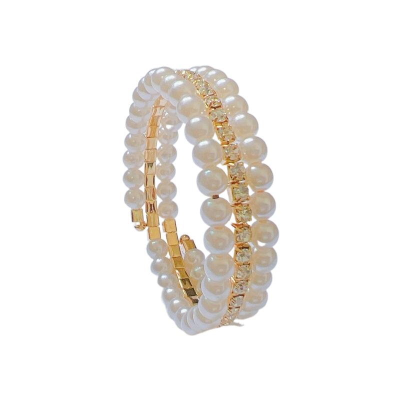Multi-layer Pearl Rhinestone Bracelet, Female Elegant Flash Diamond Elastic Bracelet, Exaggerated Hand Jewelry, Versatile Accessories