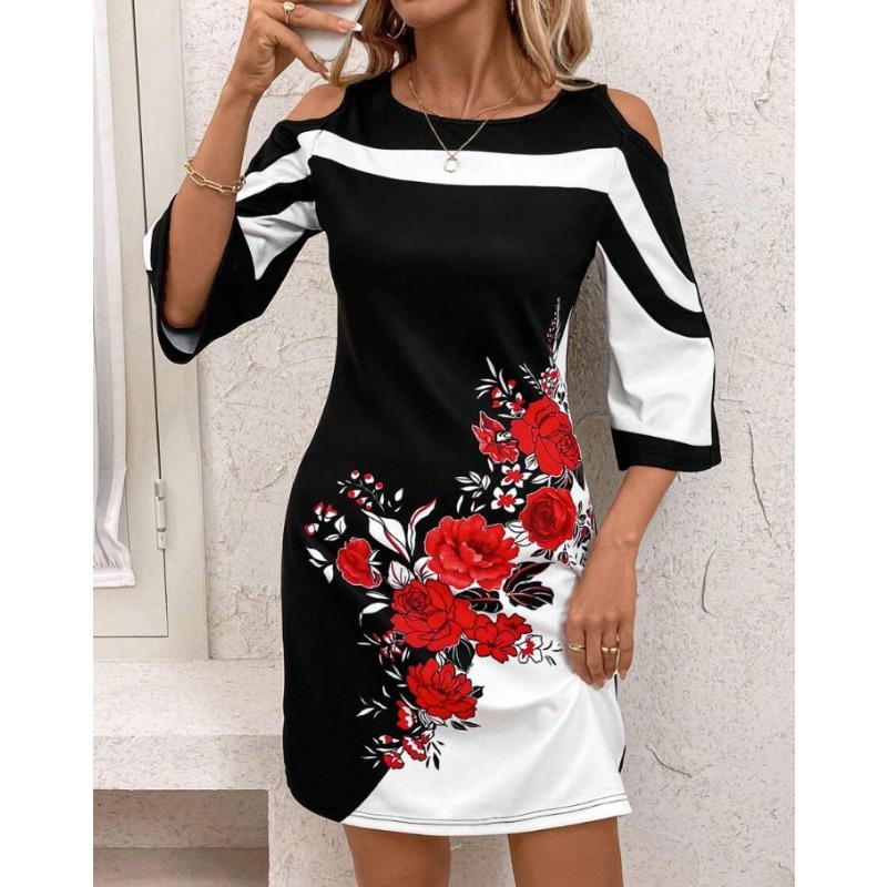 EastRogue Women's Fashion Summer Spring Flower Pattern Print 1/2 Sleeves O-Neck High Waist Casual Dresses