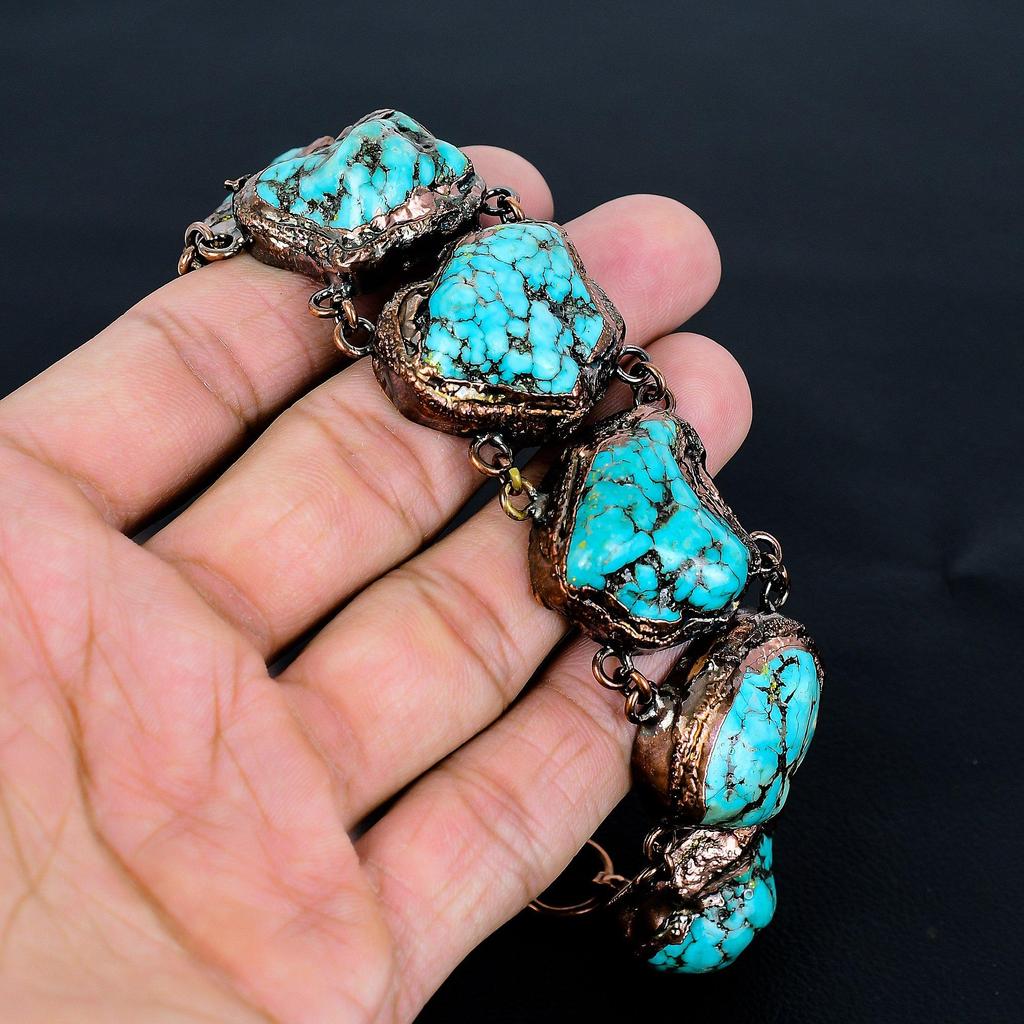 Turquoise Tumble Gemstone Copper Electroformed Jewelry, Handmade Jewelry Adjustable Chain Bracelet Gift For Love