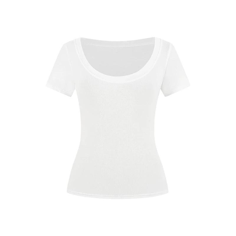 Women's U-neck White Cropped T-shirt - Short Sleeve, Slim Fit, 2026 New Style