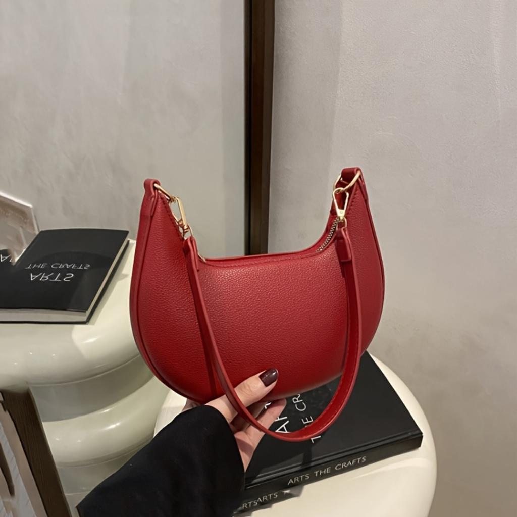 Ladies' Crescent Shaped Crossbody Bag with Detachable Adjustable Shoulder Strap, Magnetic Closure, and Gold Hardware Accessories Shoulder Bag