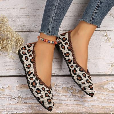 2024 Gestrickte Damen Einzelschuhe Atmungsaktiv Leopardenmuster Mesh Spitzschuhe Flache Sohle Schuhe Lässige Damen Walking Ballerinas Schuhe