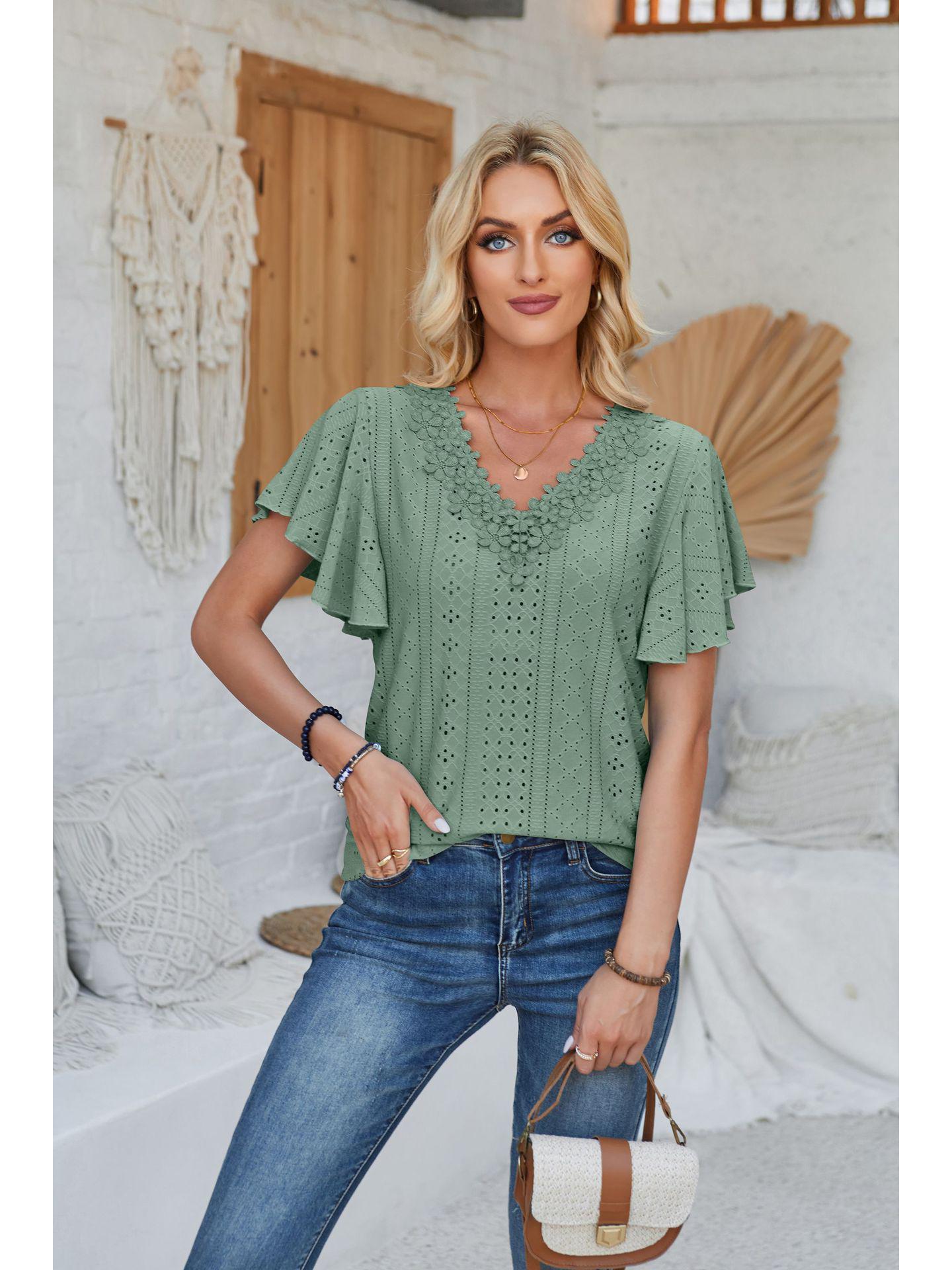 Spring/Summer Women s Lace V-Neck Ruffle Sleeve Loose T-Shirt XXL зелёный