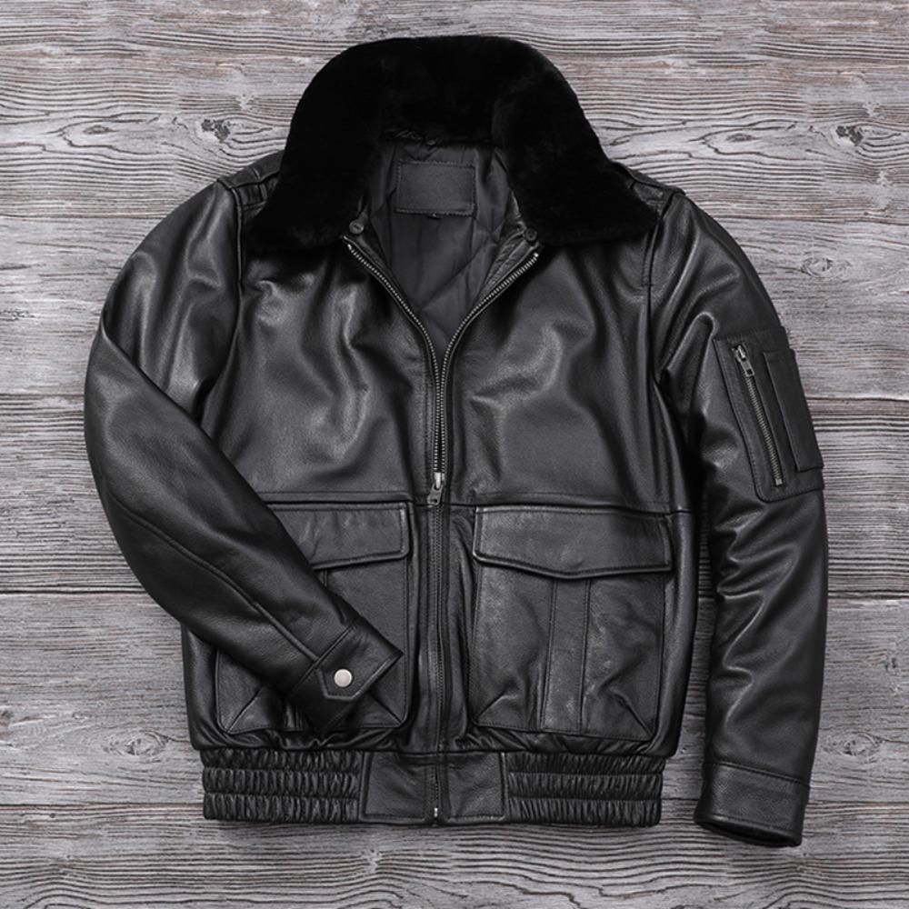 Chinese Size Men Leather Jacket Genuine Cow Leather Natural Fur Collar Flight Jackets Mens Cowhide Coats Winter Air Force Clothes