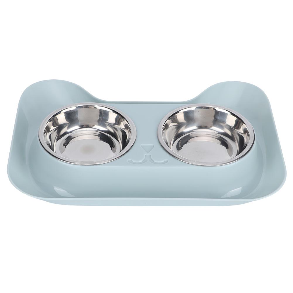 Stainless Steel Pet Cat Double Bowls Feeder Water Food Basin Feeding Supplyblue
