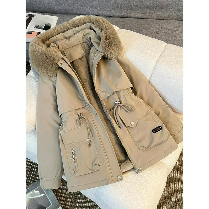 Parker Clothing Women's Winter Plus Velvet Padded Jacket, Plus Size Loose Hooded Tooling Padded Jacket, Warm Padded Jacket