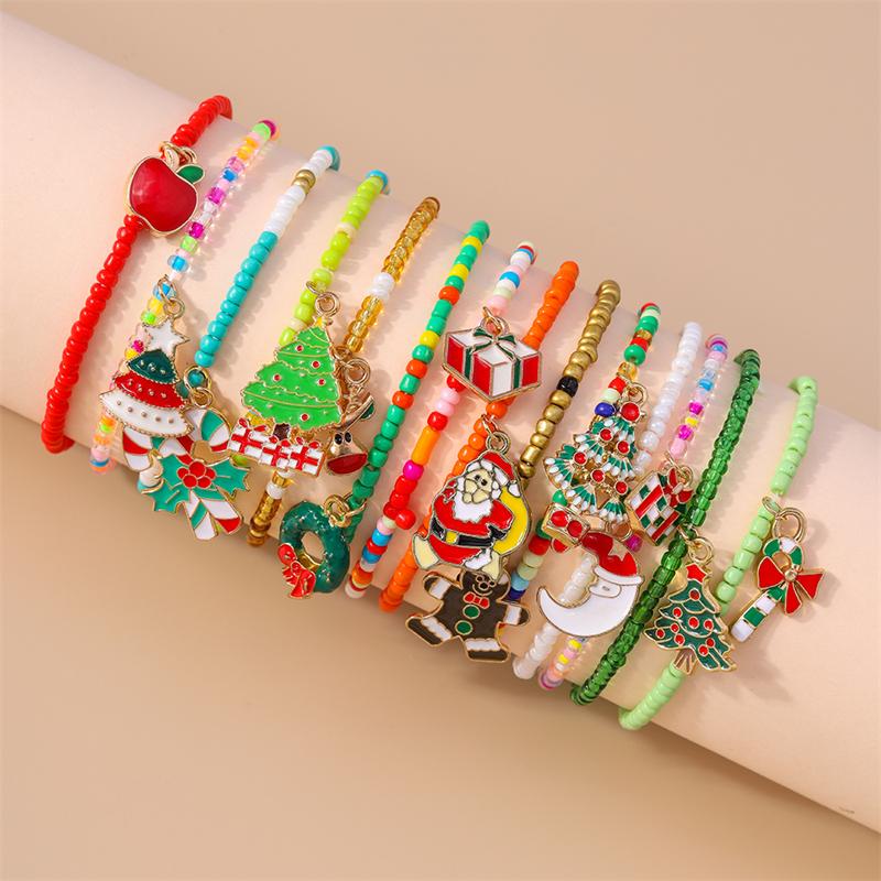10Pcs/Set Random Mix Bracelets Fashion Handmade Beads Christmas Charms Bracelets for Women Girls Party Holiday Jewelry Gifts