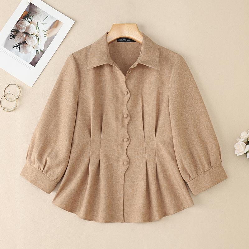 

ZANZEA Женская повседневная однотонная блузка с отложным воротником и рукавами 3/4 3XL хаки