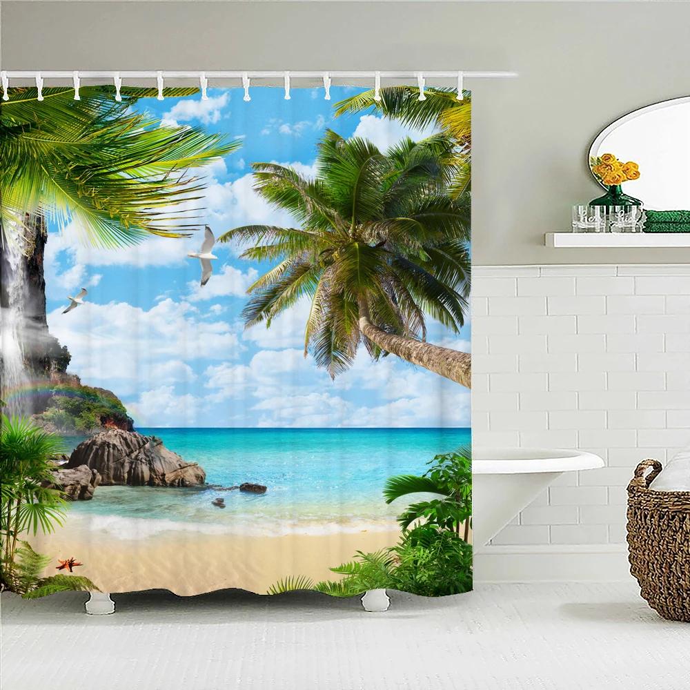 Sunny Beach Palme Meereslandschaft Stoff Duschvorhang Wasserdicht Polyester Badvorhänge für Badezimmer Dekorieren mit Haken