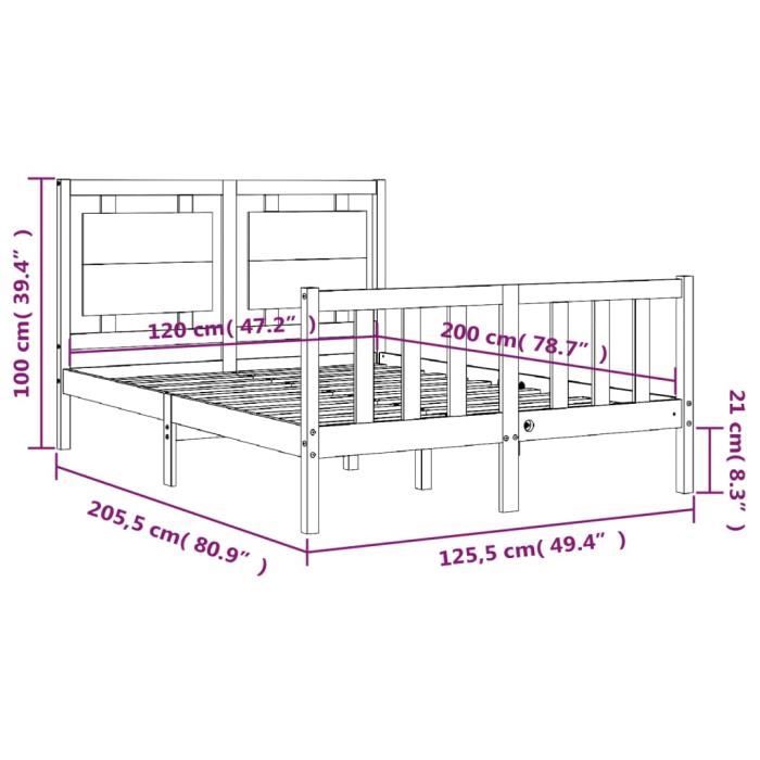 VidaXL Cadre de lit avec tête de lit 120x200 cm bois massif 3192161
