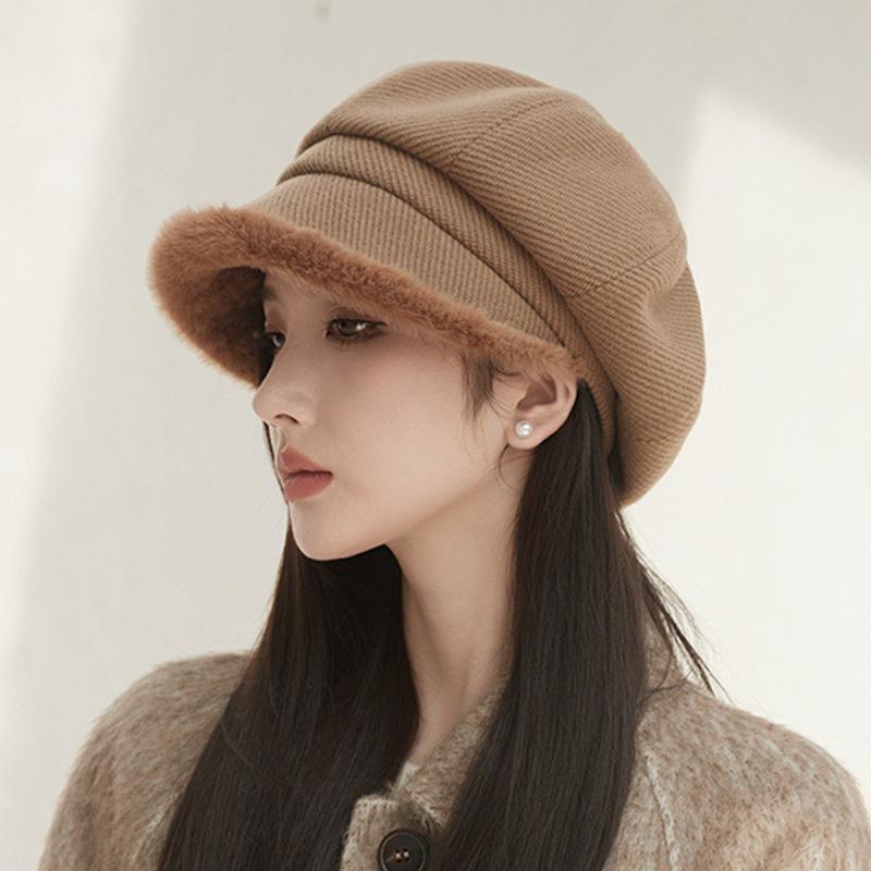 Thick Plush Octagonal Hat Women's British Solid Color Painter Hat Autumn Winter Newsboy Hat