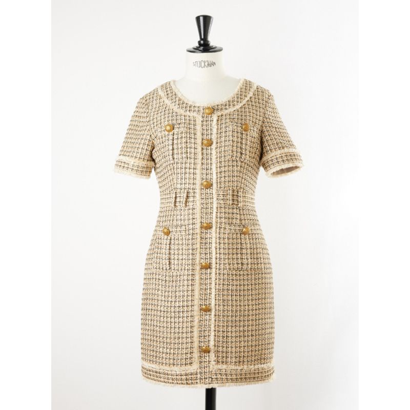 

Blacknini round Neck Short Sleeve Stitching Tassel Dress Camel Gold Haig L