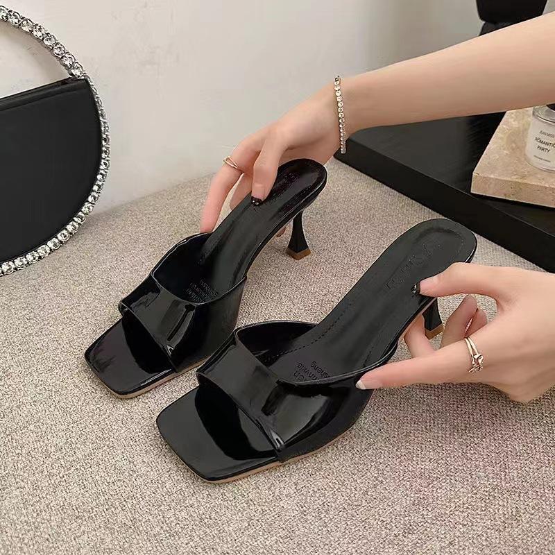 High-heeled cool slippers women's summer new outer wear large size 42 British style square-heeled women's slippers