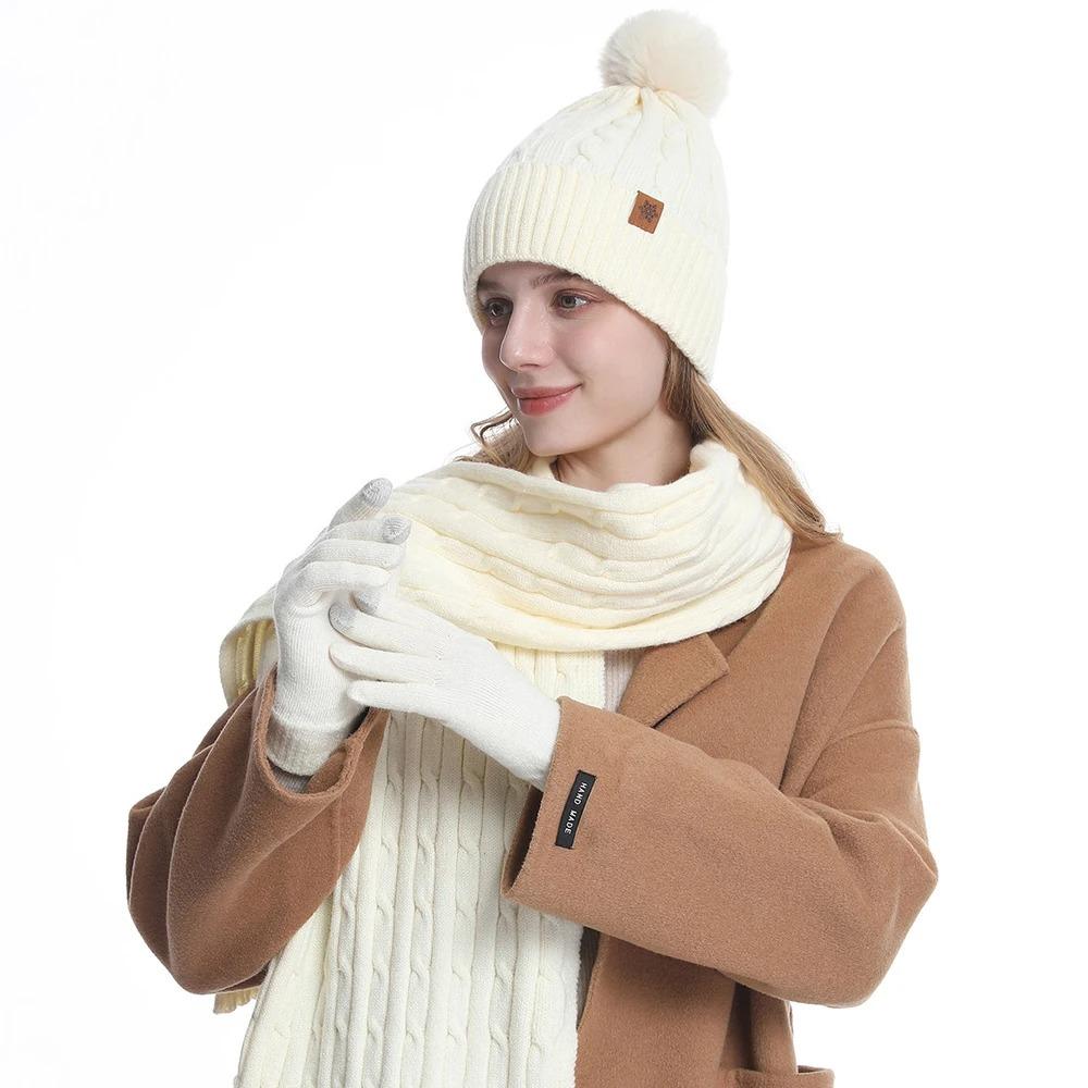 Winter Hat Beanie Long Scarf Touchscreen Gloves Set 3Pcs Soft Thick Fleece Lined Gloves Skull Cap Scarf Set for Women Men