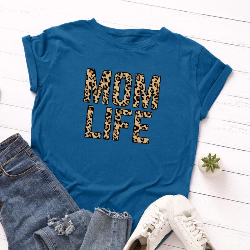 Summer Women's Leopard Print Creative Text MOM LIFE Print Loose Round Neck Short Sleeved Pure Cotton T-Shirts Women’s