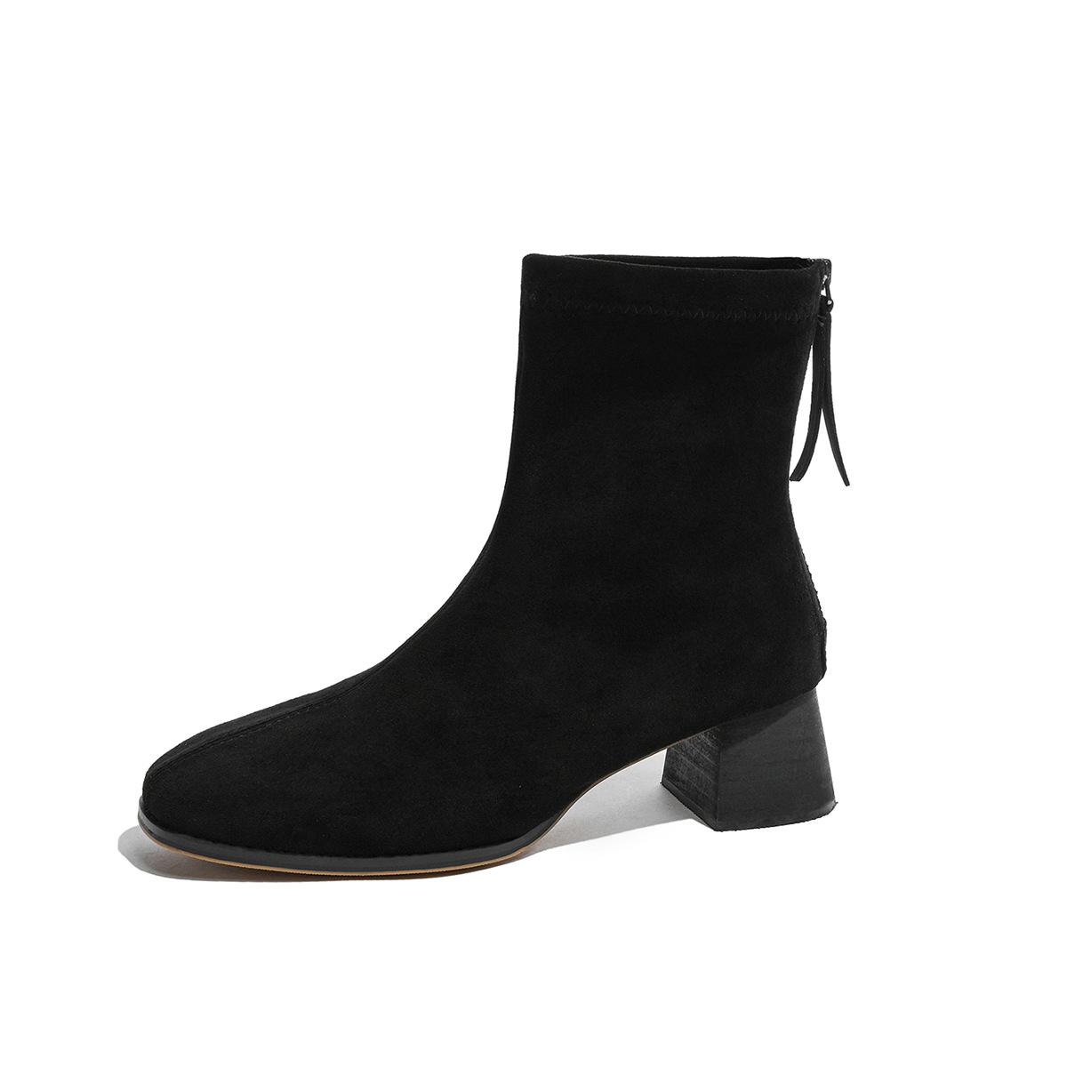 

Черные короткие ботинки, тонкие ботинки 2025 новые ботинки Мартин квадратный носок 5 см средний каблук ботильоны толстый каблук осенние одинарные ботинки 35 чёрный