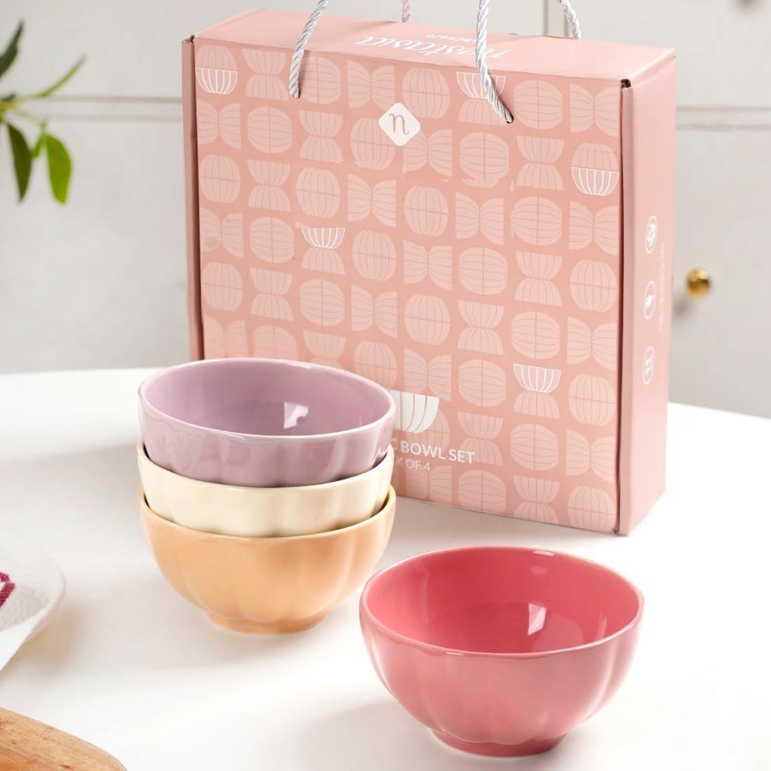 

Набор из 4 керамических мисок для закусок (310мл) - Миска, пригодная для мытья в посудомоечной машине и микроволновой печи, многоцелевой набор разноцветных мисок для ежедневного использования