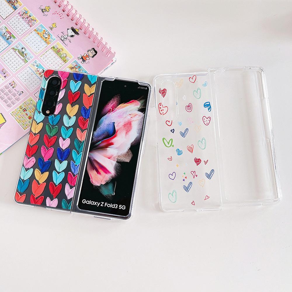 Woman Cute Colorful Love Heart Phone Case For Samsung Galaxy Z Fold 4 3 5g Clear Hard Pc Cover For Z Fold3