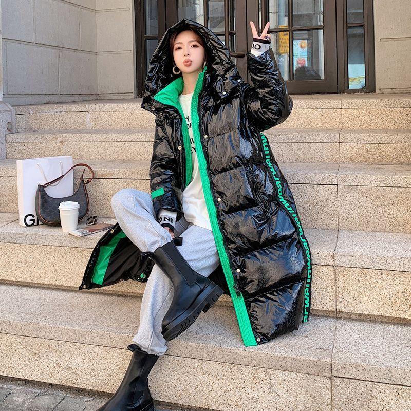 Winter Warm Thick Long Hooded Puffer Jacket Waterproof Shiny Loose Fit Color Block Coat