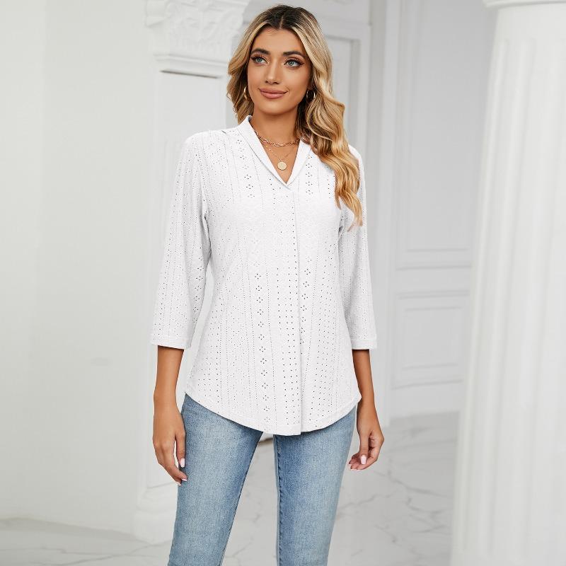 Neue Herbstkleidung für Damen, Jacquard-Oberteile mit V-Ausschnitt, T-Shirts mit mittleren Ärmeln