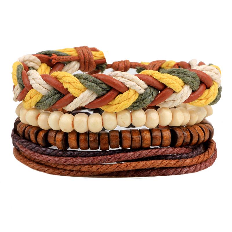Men's Retro Multi-Strand Cowhide Anchor Bracelet Set with Wood Beads