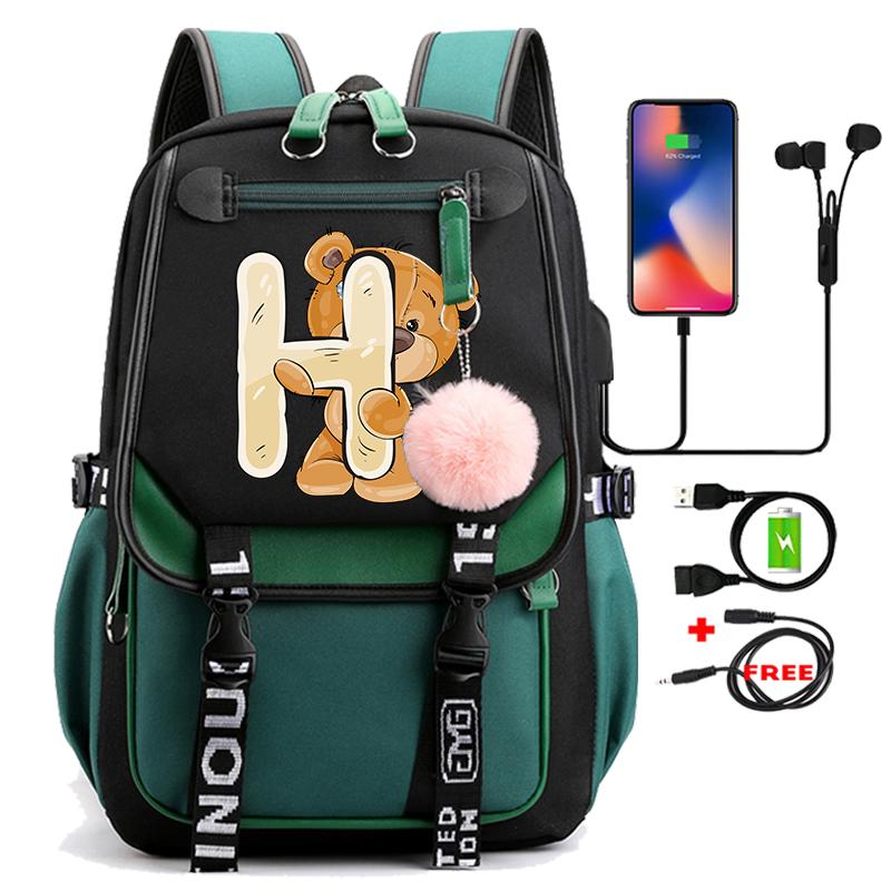 Lovely Little Bear 26 English Letters Student School Bag Backpack Outdoor Teenage Girl Cartoon Bookbag Laptop Travel Rucksack
