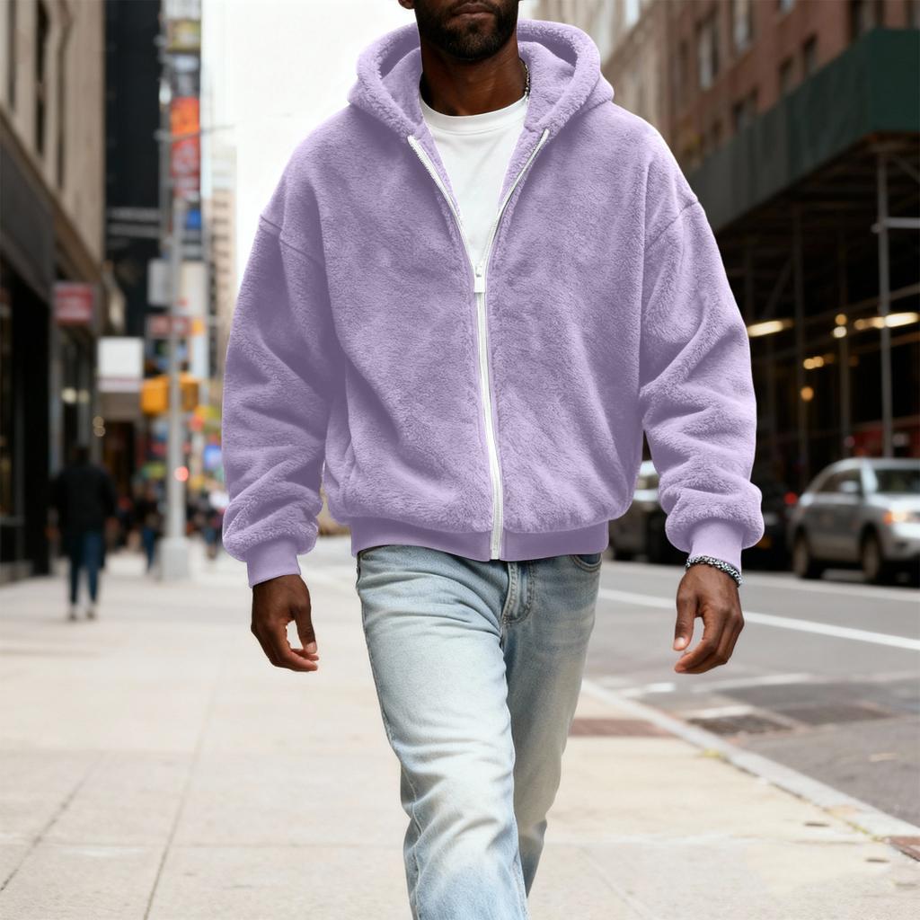 Herr Fuzzy Zip Hoodie Sweatshirt Plyschjacka med dragkedja med huva för