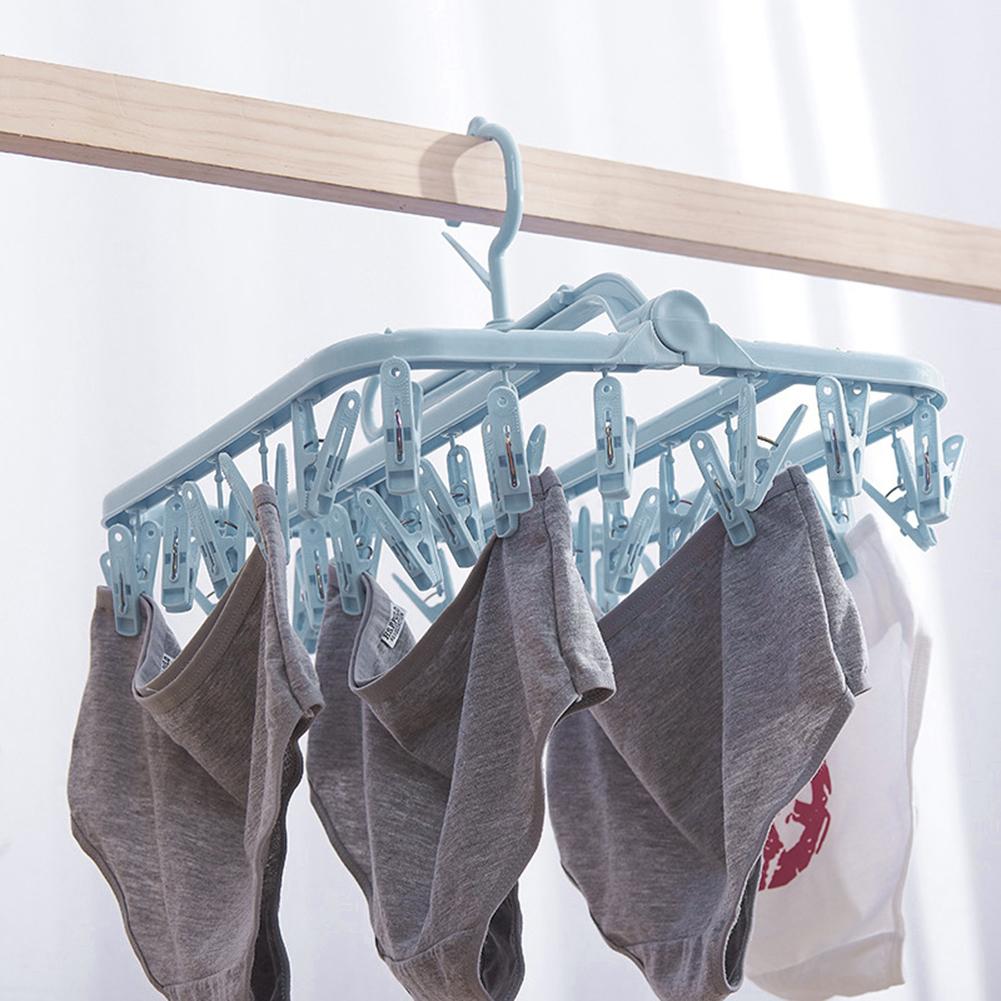 32 Clips Folding Clothes Hanger Socks Drying Rack Portable Rack Clothespin Windproof Sock Dryer for Hanging Underwear Lingerie