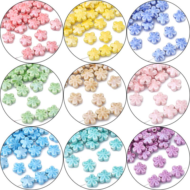 10pcs/Bag 12mm Handmade Colorful Flower Shape Ceramic Charm Beads Porcelain Spacer Beads for Bracelet Necklaces DIY Jewerlry Craft Making