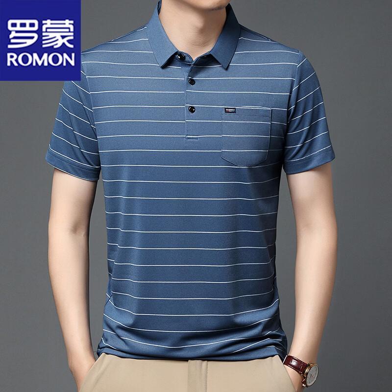 ROMON Men s Ice Silk Striped Polo T-Shirt M