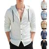 Men's Vertical Striped Casual Long-Sleeved Shirt with Hooded Drawstring Linen Cardigan Trendy Oversized Beach T-Shirt