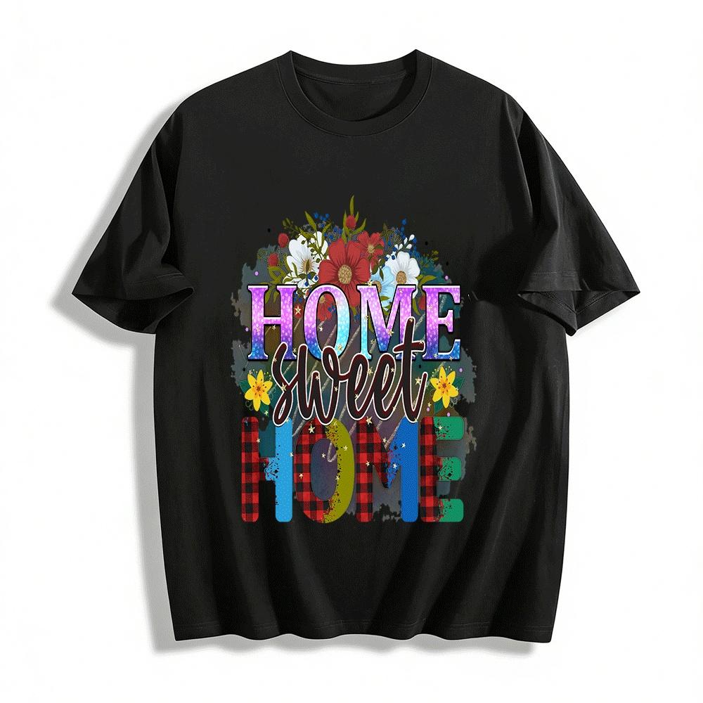 

Floral Plaid Home Sweet Home Graphic Casual Top Pure cotton T-shirt XXS