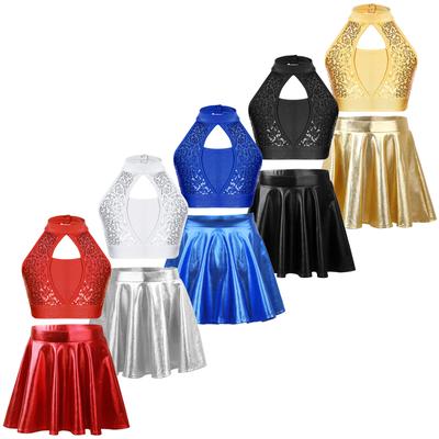 Ropa de baile para niñas, Top corto de lentejuelas brillantes con falda con volantes brillantes, conjunto de puesta en escena