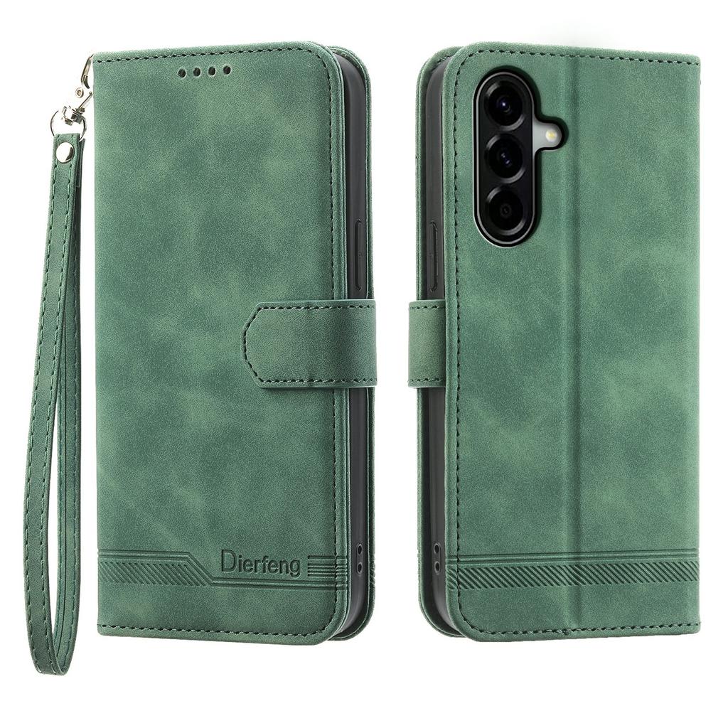 DIERFENG DF-03 For Samsung Galaxy A57 5G Case Lines Imprint Wallet Leather Phone Cover with Wrist Strap