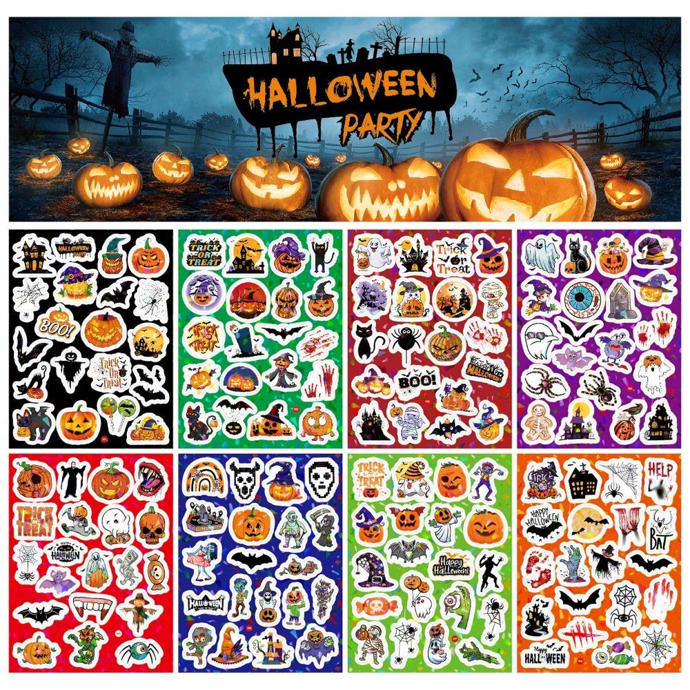 160PCS 8 Sheets Cartoon Spider Pumpkin Halloween Stickers Ghost Bat Scary Sticker  Party Supplies