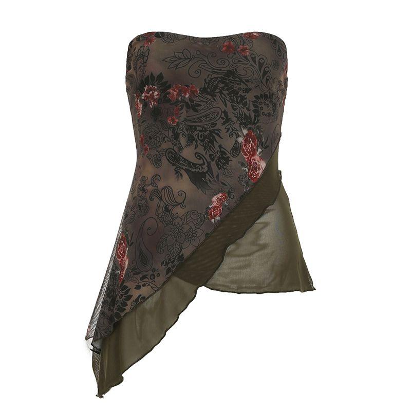 

H Family European and American Women s Clothing Nomadic Vintage Style Florals Print Asymmetrical Mesh Tube Top Medieval Niche Style Tight Tops Green S