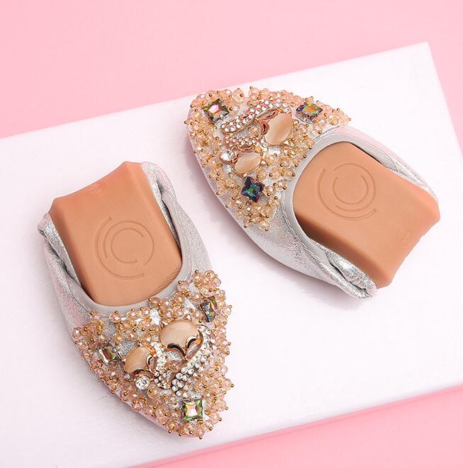 

Модные балетки большого размера, складные, блестящие, с кристаллами, из лисьей кожи, на мягкой подошве, мокасины, неглубокие, женская обувь большого размера, нескользящая подошва оксфорды 10 серебряный