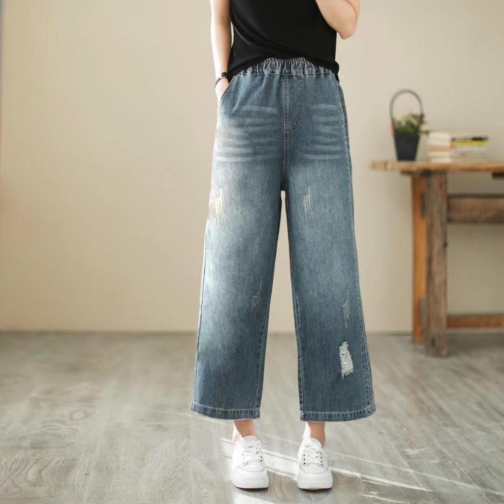 Women's High-Waist Wide-Leg Embroidered Jeans - Loose Fit, Raw Edge, Nine-Point Cotton, Plus Size, Casual Spring/Summer Pants