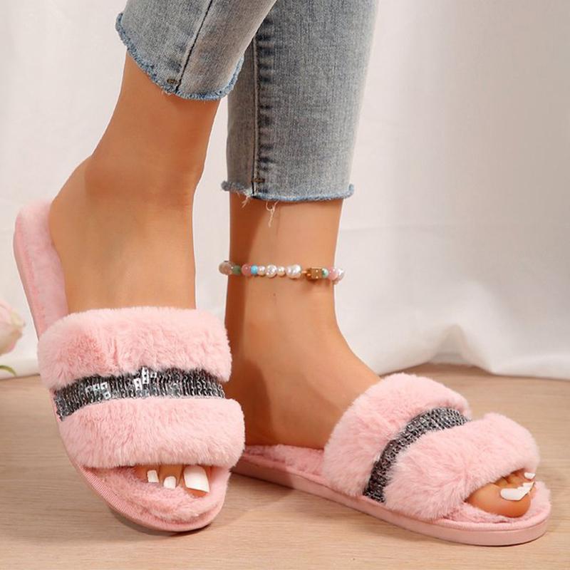 Fashion Winter Bling Cotton Slipper for Women Mix Color Faux Fur Plush Slippers Woman Slip On Non Slip House Flats Furry Slides Mujer