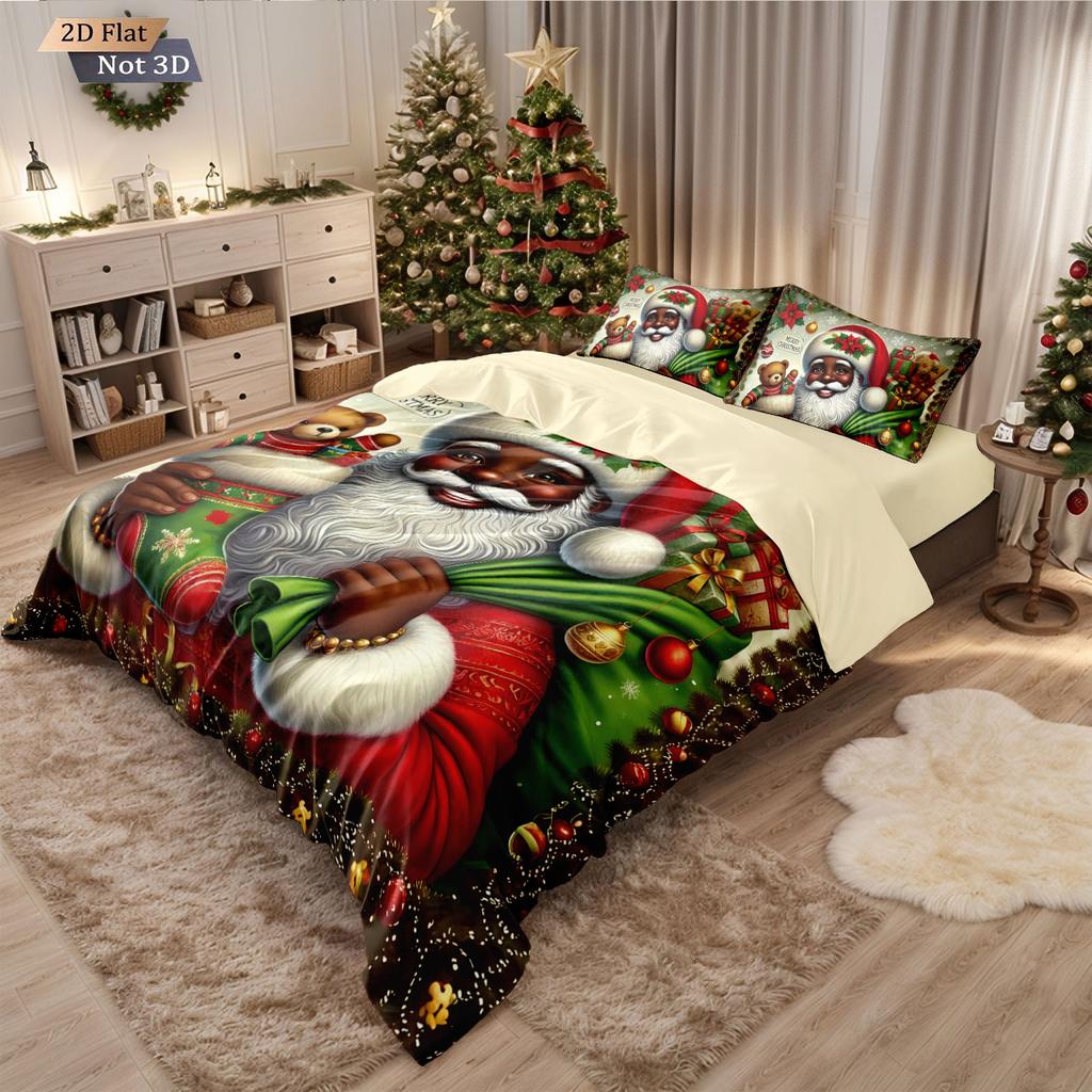 3pcs Cartoon Santa Claus Printed Chipless Duvet Set, Multi Size Bedroom Dormitory Holiday Bedding Decoration, Machine Washable