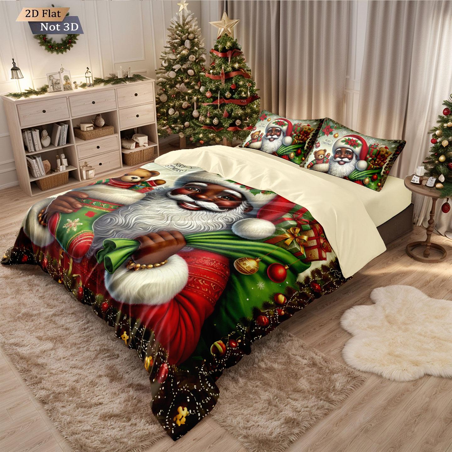 

3pcs cartoon Santa Claus printed chipless duvet set, multi size bedroom dormitory holiday bedding decoration, machine washable 135x200cm-EU-Single&set