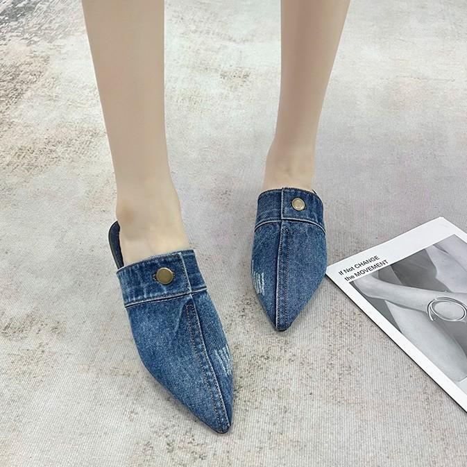 European and American washed denim flat-bottomed bag head slippers women wear large size pointed Mueller half drag single shoes wish