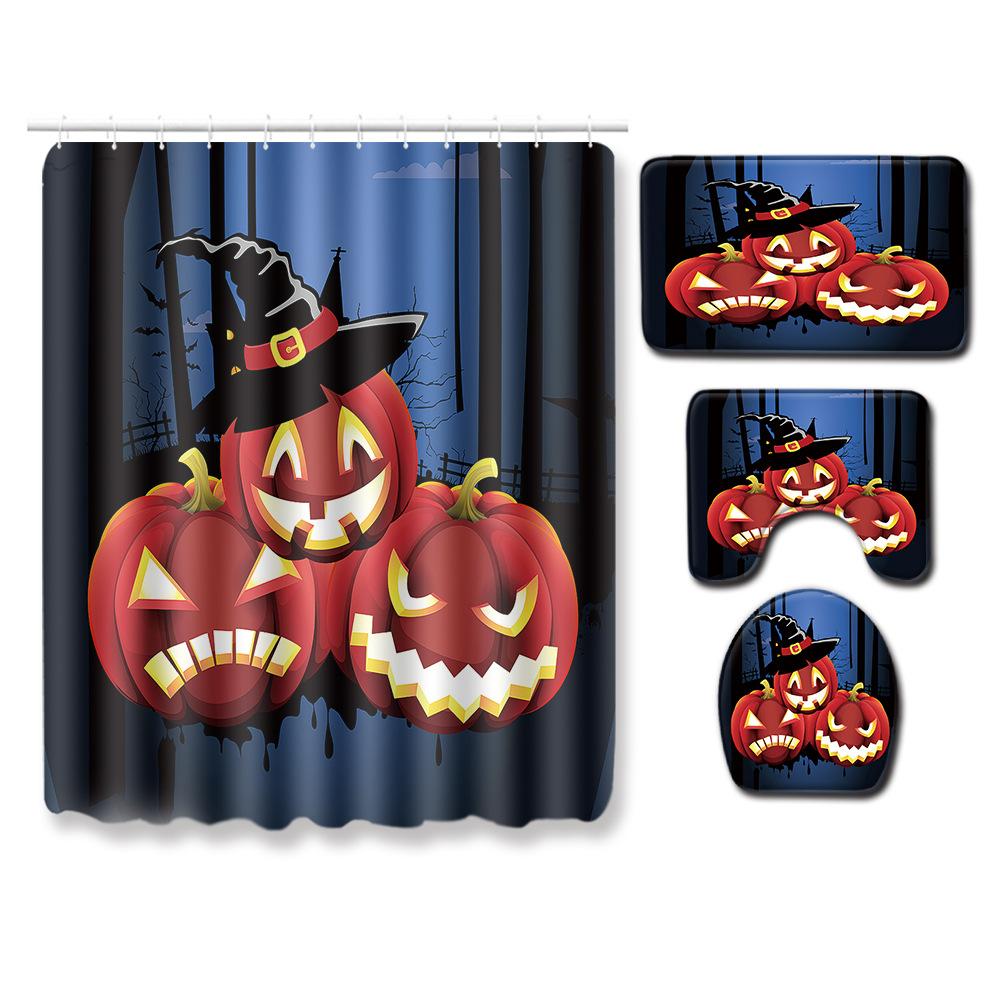 Halloween Duschvorhang Bodenmatte Kombination Vierteilige Haushalts-Fußmatte Schlafzimmer Rutschfester Teppich
