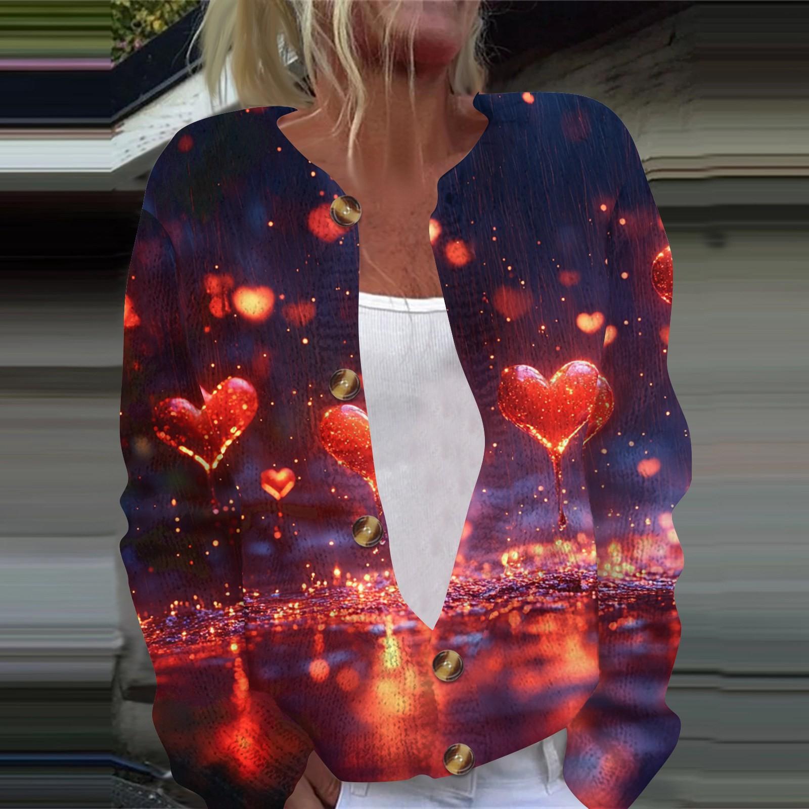 

Жіночий модний в язаний жакет на ґудзиках з довгим рукавом і принтом із сердечками на День святого Валентина XXL Темно-синій