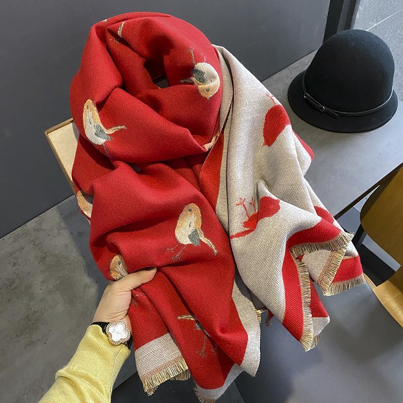 Scarf Female winter emerald green bird shawl with thickened warm long high-end imitation cashmere scarf