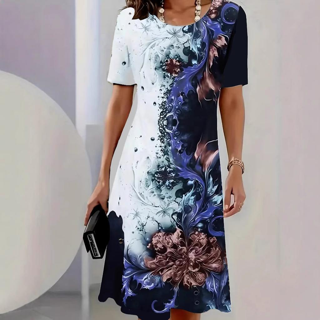 Amazon European and American Standard Size New Summer Printed Round Neck Pullover Lady A-line Short Sleeve Dress Popular In Europe