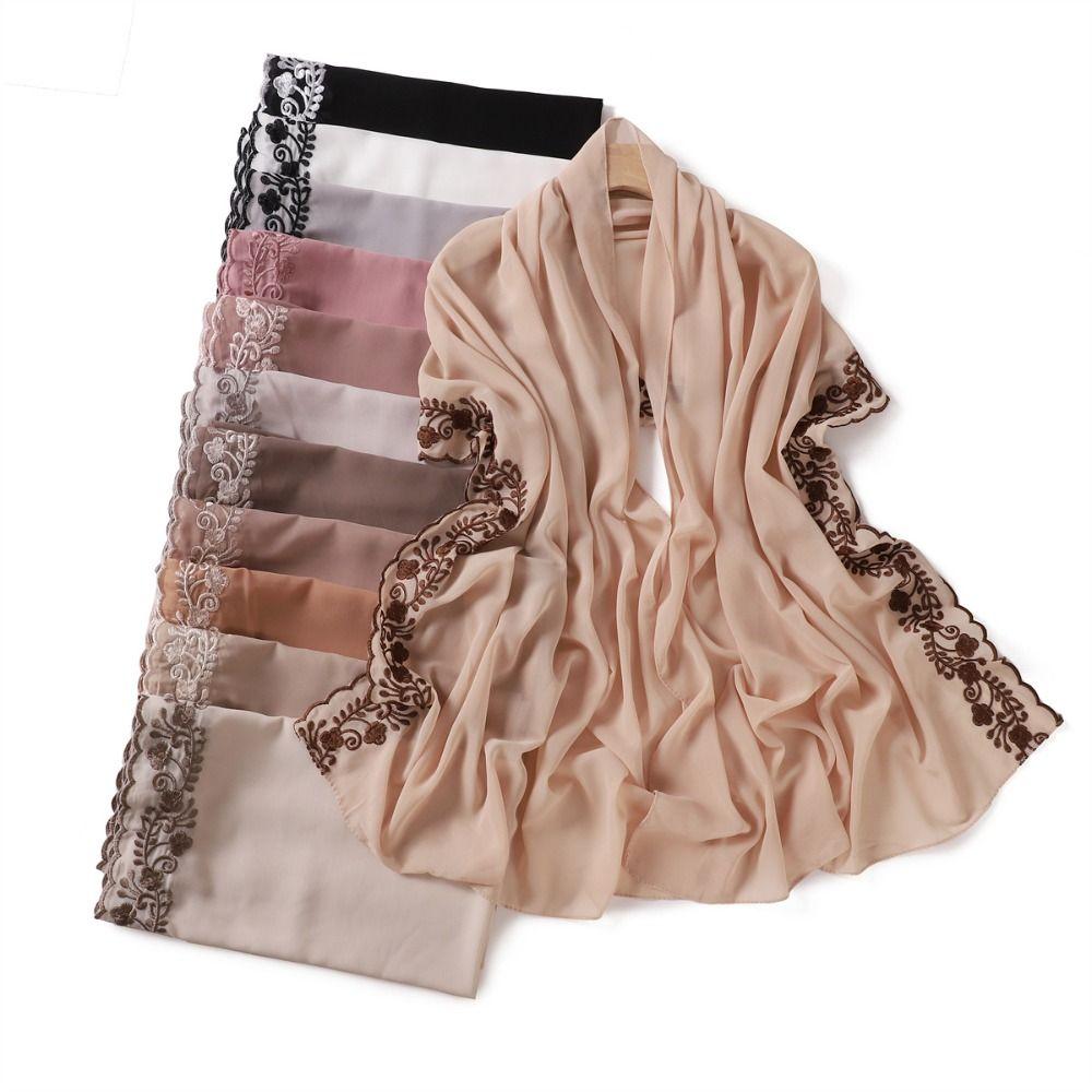 Solid Color Women's Scarf Embroidered Lace Hijab Fashion Long Scarf  for Spring and Summer