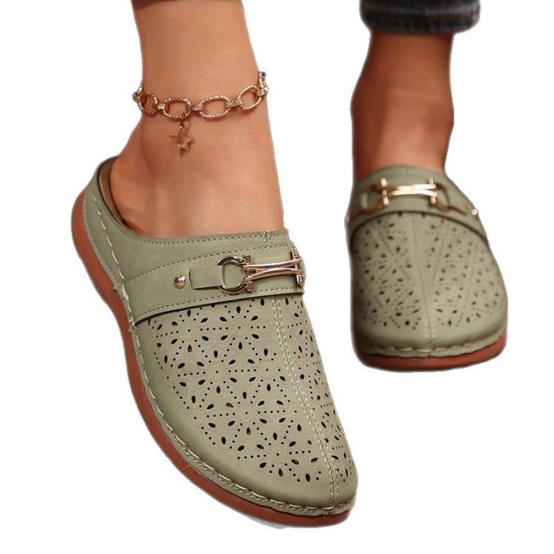 Fashionable Half-slipper Women's Thick-soled Wedge Heel Breathable Hollowed-out Large-head Retro Shoes